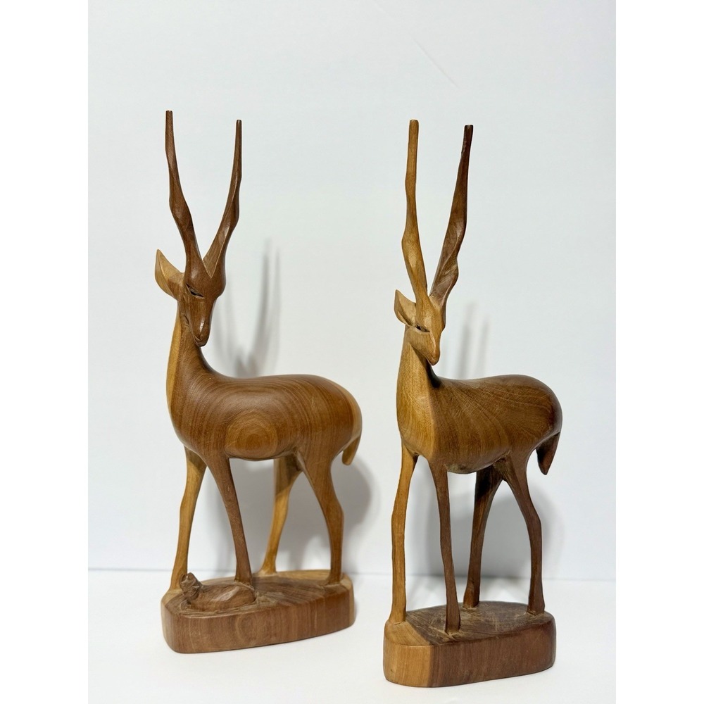 Pair of MCM Hand Carved Gazelle/Antelope Wooden Figurines/Made in Kenya